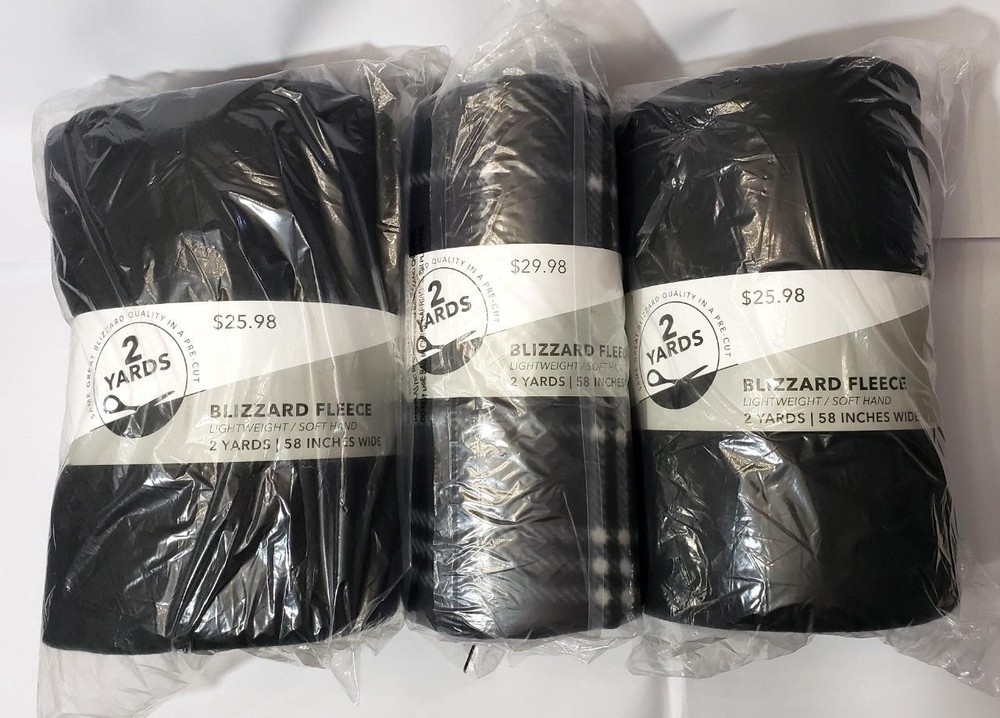 Bulk Lot (2) Solid Black (1) Black Plaid Blizzard Fleece 2 Yard Rolls 58″ Wide