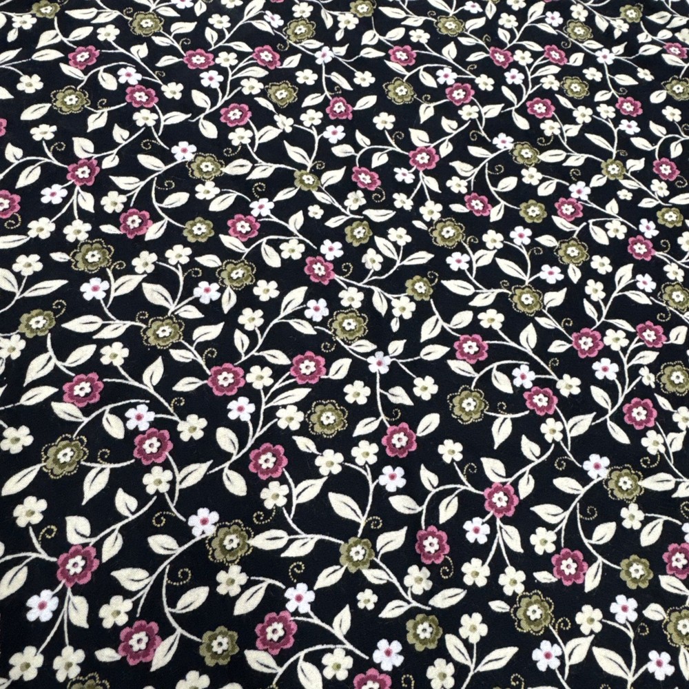 Pink White Green Floral Vines Black Rayon Fabric BTHY #61