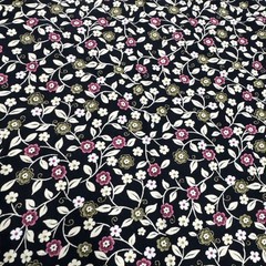 Pink White Green Floral Vines Black Rayon Fabric BTHY #61