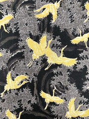 Japanese fabric small cranes birds art deco black gold heron stork asian chinese