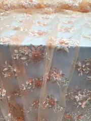 Peach 3D Floral Lace Fabric with Pearls & Scalloped Mesh by the Yard