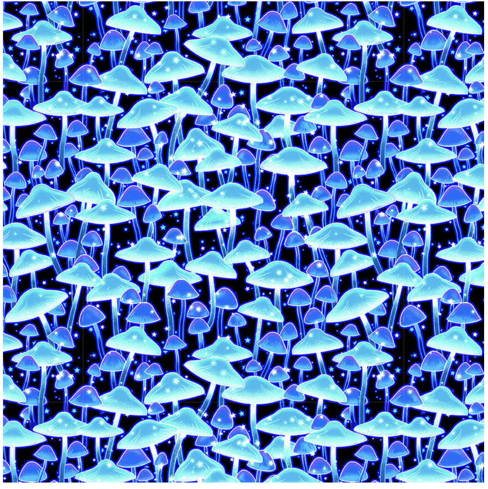 Henry Glass Magic Moon Garden Glow Mushrooms Black/Blue Cotton Fabric By Yard