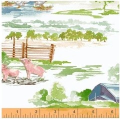 Farm Fabric – Silo Barn Cow Field Scene White – Windham YARD