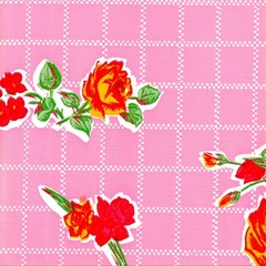Rose and Grid Pink Oilcloth Fabric By The Roll (12 Yards)