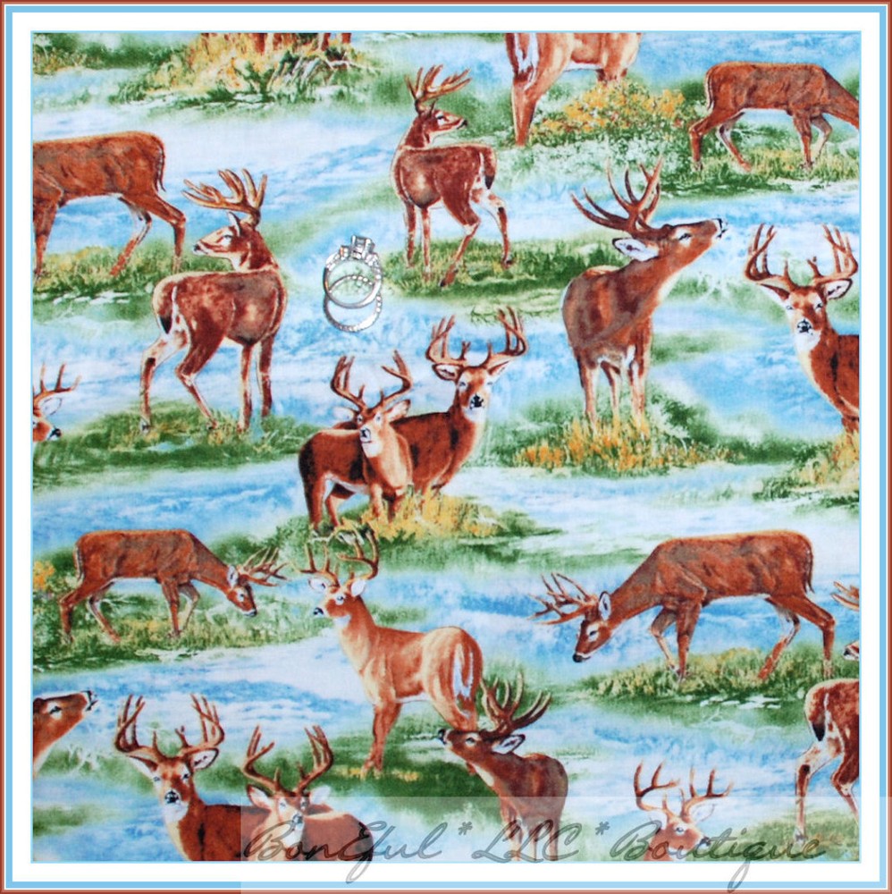 BonEful Fabric FQ Cotton Quilt Blue Cloud Scenic Deer Xmas Animal Hunt Men Cabin