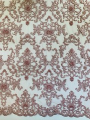Helena DUSTY PINK Embroidered Damask Pattern with Faux Pearls and Beads on Mesh