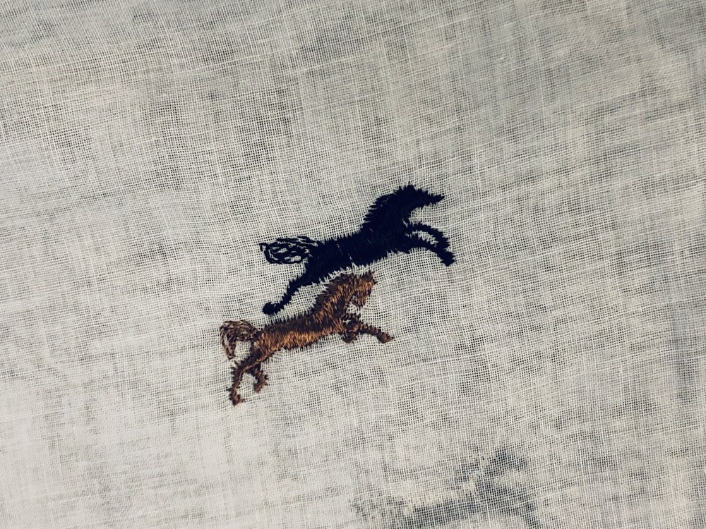 VTG White Voile with Embroidered Black & Brown Stallion Running Horses BTHY
