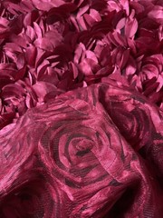 Burgundy Rosette Peony 3D Embroidery Satin Flowers Floral Mesh Fabric By yard