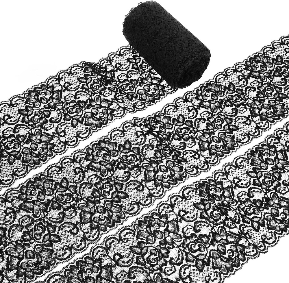 5 Yards X 4.5 Inches Black Lace Fabric for Sewing DIY Crafts, Floral Pattern Str