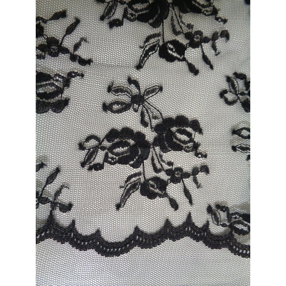 Black Lace Fabric Flowers On Mesh Scalloped Edge Lightweight 1 Yard Piece