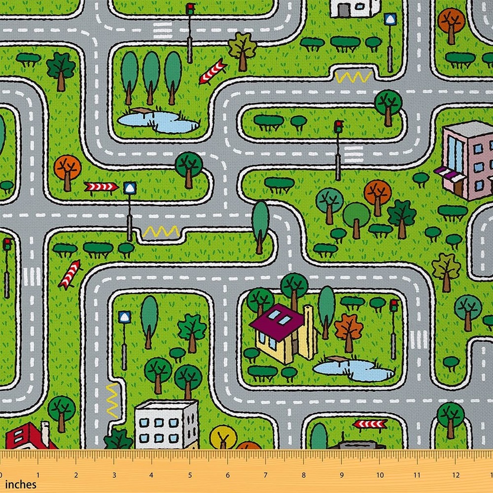 Cartoon Car Road Fabric By The Yard, Kids Cars Vehicles Race Track Upholstery Fa