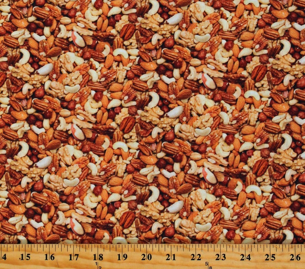 Cotton Nuts Almonds Cashews Walnuts Snacks Food Fabric Print by Yard D570.99