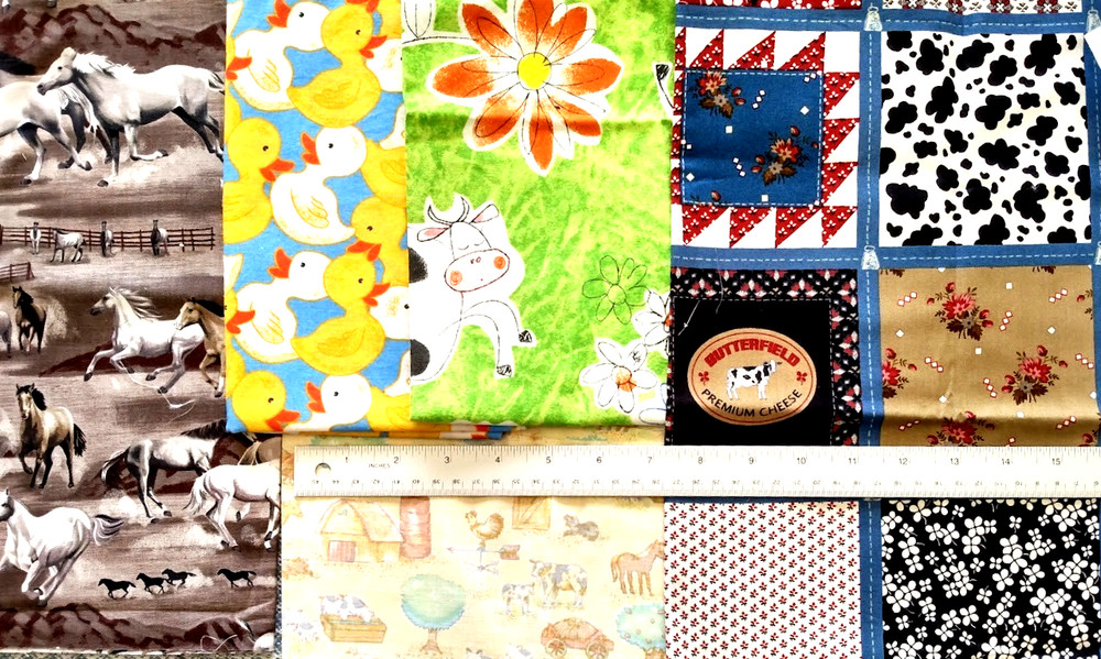Lot 5 fabric remnants BARNYARD ANIMALS farm cow horse pig duck ~ 11 oz