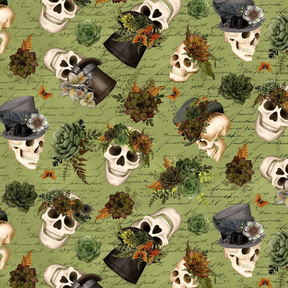 Lumin/White Owl – Dark Academia – Skulls And Hats – Sage, Fabric BTY