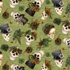 Lumin/White Owl – Dark Academia – Skulls And Hats – Sage, Fabric BTY