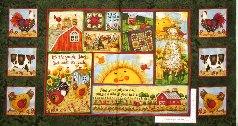 Farm Rooster Cow Fabric 24″ X44″ Panel Scarecrow Barn Farmville Cotton by SPX