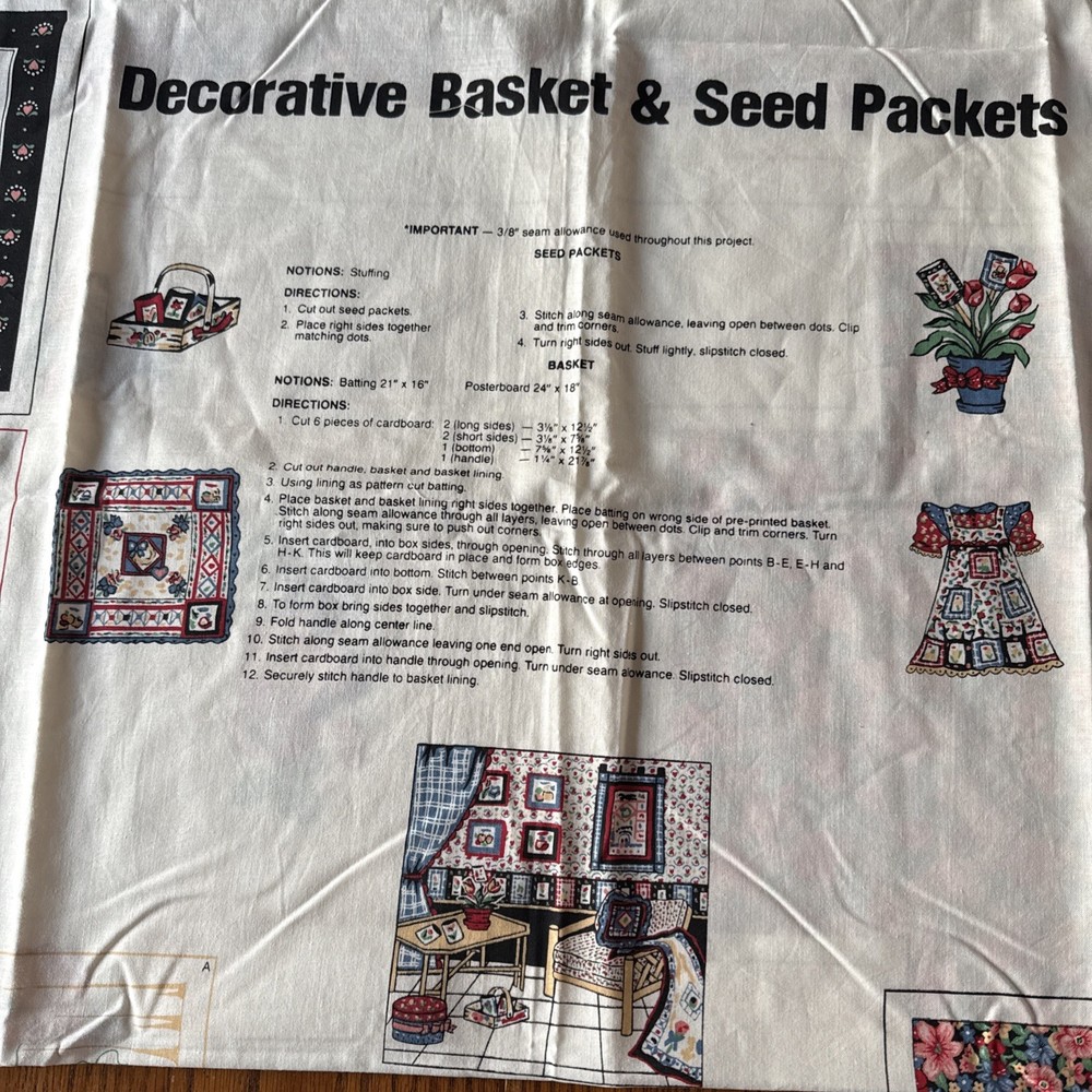 Vintage Wamsutta Decorative Basket And Seed Packets Cotton Craft Panel 36×44
