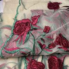 Lot-Embroidered Red Roses Mesh Fabric 53” X 60” & Beige Gold Sparkles 108” X 60”