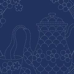 Patchwork Sewing Fabric Sashiko Teatime Navy Printed Panel 50x137cm