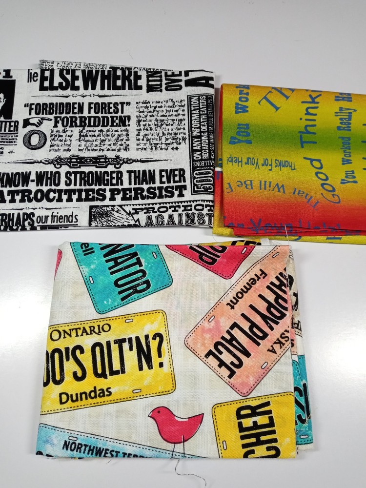 Fabric Lot of 3 Fat Quarters-Phrases/Newspaper/License Plates-100% Cotton-NEW