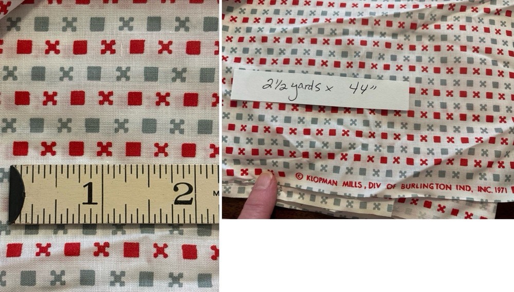VTG Cotton Fabric Klopman Mills Red Gray Geometric 2.5 yds x 44″ 1970s NEW