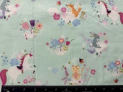 AQUA FLOWERS & UNICORNS Cotton Sewing Quilting Fabric BTHY (18″) X 43″ wide