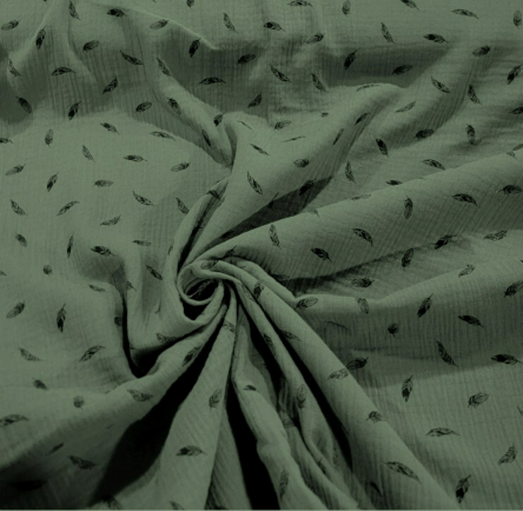 Soft Sage Green Cotton Muslin Double-Gauze w/ Black Drawn Feathers – Cool, Light