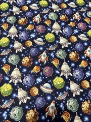 Novelty Rockets And Planets in blue space cotton Quilt Fabric By The Half Yard