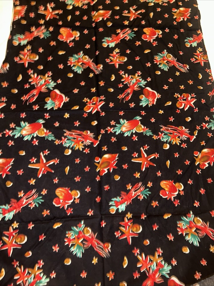 VTG ALEXANDER HENRY, Seashells Lobsters on Black, Nautical Fabric, 106”x29.5”