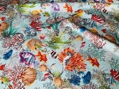 Aqua Sea World Coral Fabric Curtain Cotton Material Marine Seahorse Shell -140cm