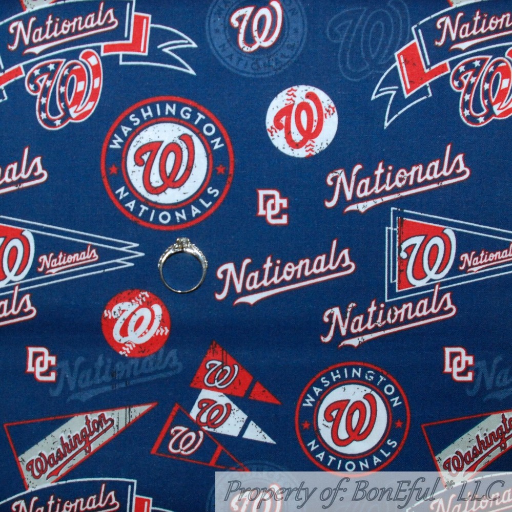 BonEful Fabric FQ Cotton Quilt Navy Blue Red White Baseball Washington Nationals