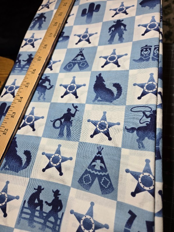 SHIPS FREE! 1-Yd Western Cowboy Rodeo Sheriff Teepee Blue & White Cotton Fabric