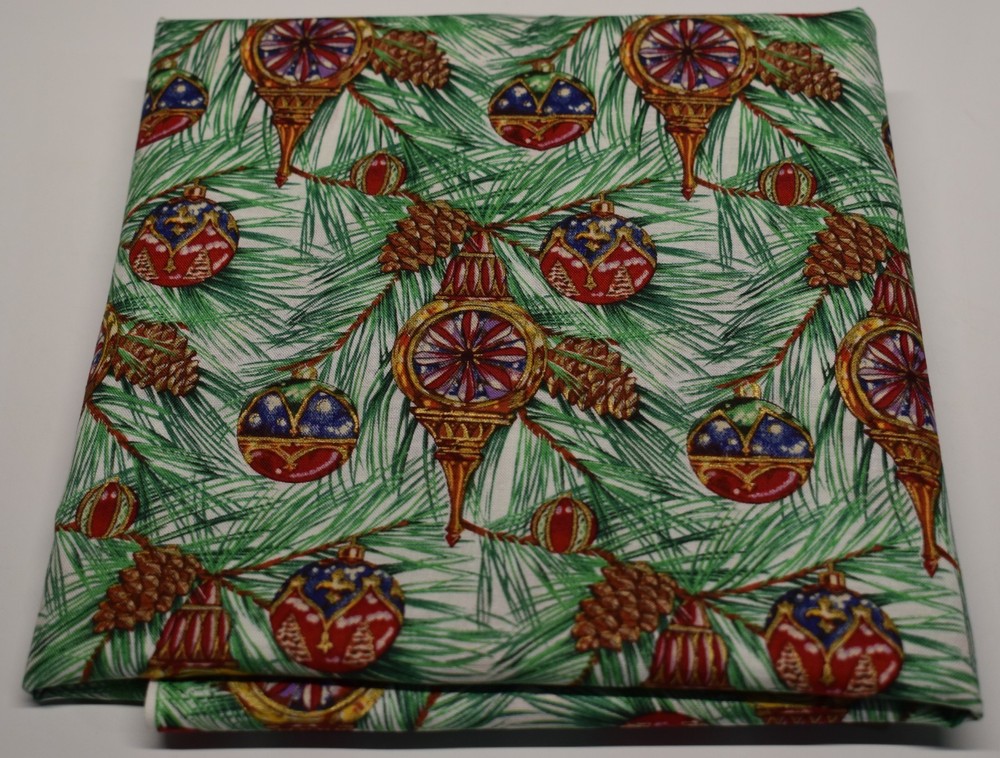 1 yard VTG cotton fabric CHRISTMAS ORNAMENTS bulbs pine tree needles cones