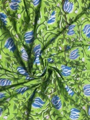 Indian Lime Green and Blue Floral Hand Block Print Cotton Fabric (by the yard)