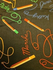 Cotton Fabric Coloring Pencils And Signatures On Black 4.25 Yards X 44″ Wide
