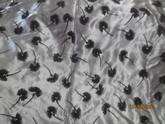 Vintage 8 yds x 56″ Gorgeous Silver Gray Flocked Black Floral SIlky Poly? Fabric