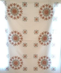 Vtg. Fabric *Cheater Quilt Top 72″L X 61″ W *Tan/Green Floral Medallions