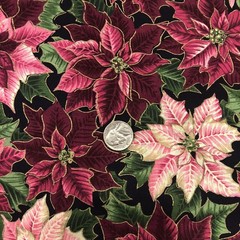Pink Burgundy Poinsettia Flowers Gold Christmas Fabric Joan Messmore Cotton 2Yds