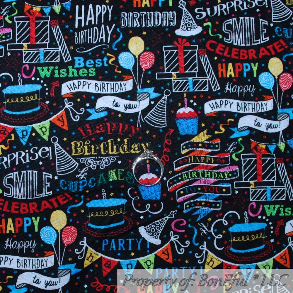 BonEful FABRIC FQ Cotton Quilt Black White B&W Chalkboard Happy Birthday Balloon