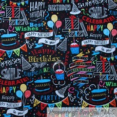 BonEful FABRIC FQ Cotton Quilt Black White B&W Chalkboard Happy Birthday Balloon