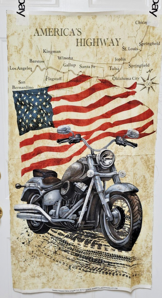 Natural Open Road Motorcycle w/ American Flag by Timeless Treasures btp