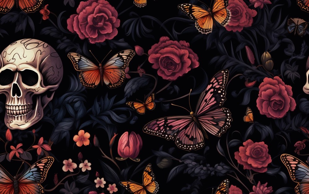 Skull pink roses and foliage Printed Cotton Fabric By The Yard