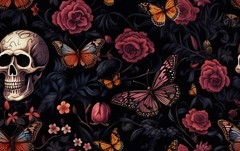 Skull pink roses and foliage Printed Cotton Fabric By The Yard