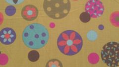 Fabric Benartex “Circles” of Aqua Raspberry Olive Orange Pink on Lime $4.25