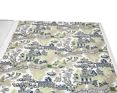 THIBAUT LUZON NAVY BLUE ON BEIGE ASIAN TOILE MULTIUSE LINEN FABRIC BY YARD 54″W