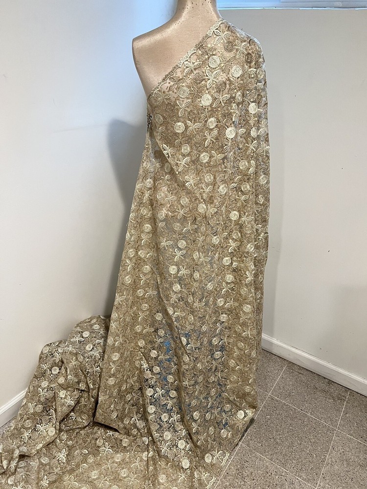 GOLD IVORY Embroidered SEQUINS Rhinestone Lace fabric 50” Width SOLD BY THE YARD
