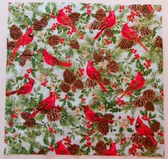 Fabric Cotton Pic A, Cardinals Pinecones Berries Gold HL 13 7/8″ H x 14 1/4″ W