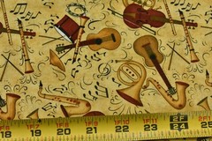 By 1/2 Yd, Burgundy & Tan Musical Instrument on Gold Cotton, Jo-Ann, Mumm, P9222