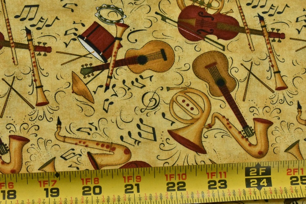 By 1/2 Yd, Burgundy & Tan Musical Instrument on Gold Cotton, Jo-Ann, Mumm, P9222
