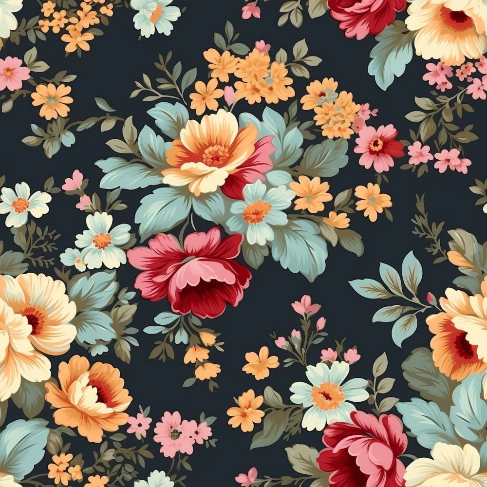 45-inch Vintage Floral Cotton Quilter’s Fabric By the Yard Black Coral Blue 102